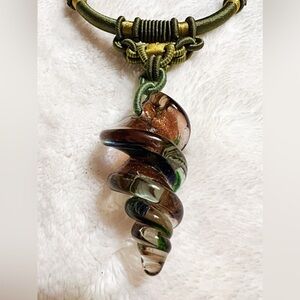 Green Silk Thread Cord with Purple Sparkling Glass Pendant Necklace